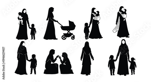 Silhouettes of mothers with children in various everyday situations
