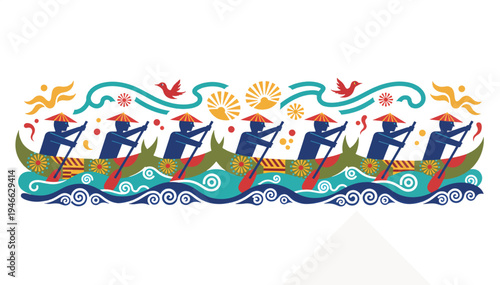 Dragon boat race panoramic banner. Synchronized paddlers rowing on stylized waves. Colorful flat design vector illustration isolated on transparent background