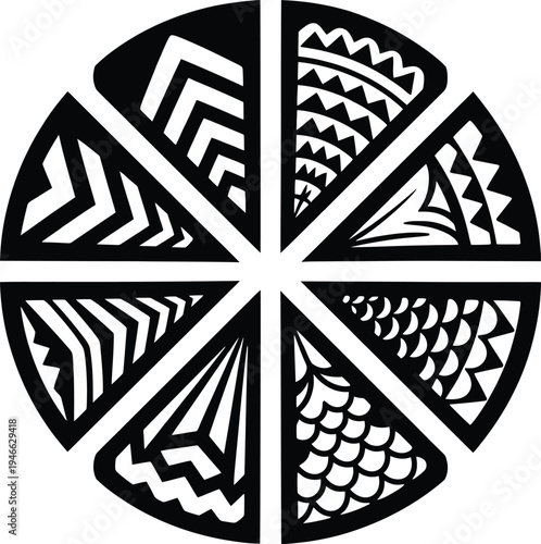 Tribal circular pattern with eight unique geometric segments featuring chevron scales and line art for polynesian style tattoos.