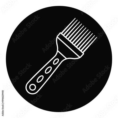Simple white hair comb icon in a black circle on white background icon
