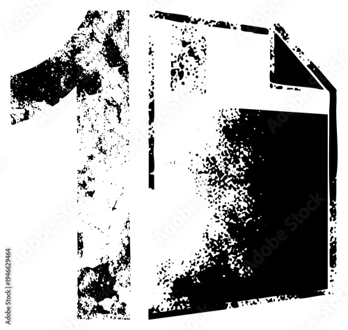 Distressed black number one beside document, vector halftone texture, digital art symbol, graphic design element, isolated typography.