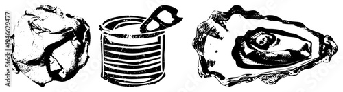 Black and white halftone illustrations of crumpled paper, opened tin can, and oyster with mussel. Vintage graphic style, isolated objects for design use.