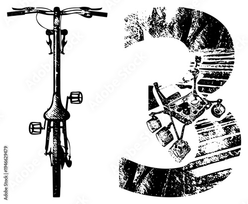 Stylized bicycle with handlebars and pedals, paired with distressed cocktail shaker, vector art, graphic design elements, black and white illustration.