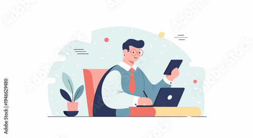 A person in glasses works on a laptop and phone at a desk