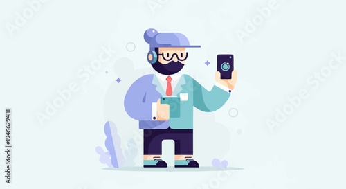 A stylized person in a suit and cap holds two devices, possibly phones