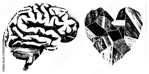 Stylized brain with textured grooves alongside shattered heart, emotional and cognitive representation, halftone graphic design, psychological symbolism.