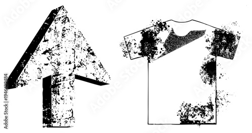 Distressed black arrow pointing up, graphic t shirt, halftone splatter effect, vector art, urban design, apparel mockup, streetwear.