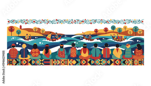 Spectators on riverbank vector illustration. Ultra wide panoramic banner of boat race. Flat design graphic isolated on transparent background