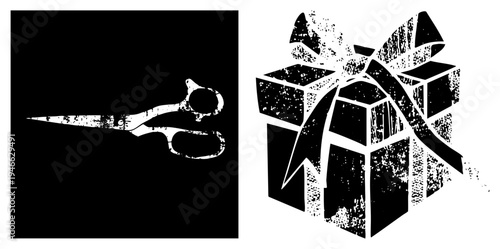Stylized scissors and gift box, vector graphic, distressed texture, isolated cutout, craft supplies, holiday symbol, flat design illustration.