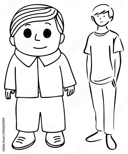 Two boy characters in style, child illustration, simple drawing, educational page, friendly cartoon figures, black and white sketch.