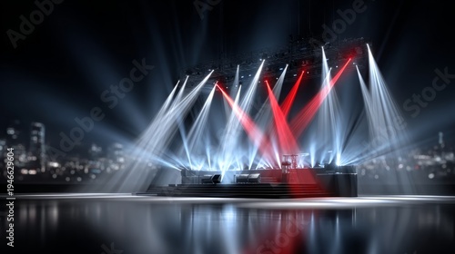Stage setup with lights preparing for a concert in a large venue with city view