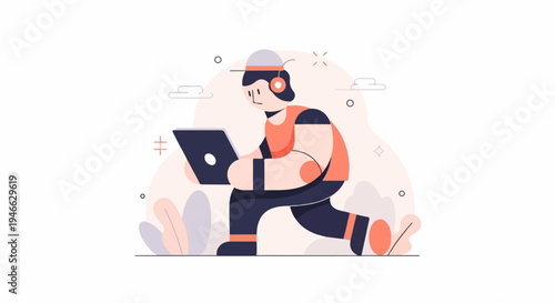 A person in headphones kneeling with a laptop