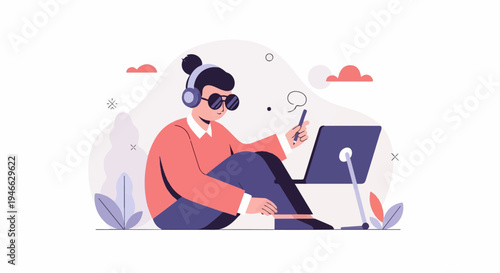 A person in headphones and sunglasses using a tablet and stylus