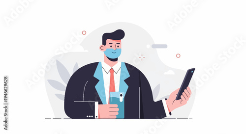 A person in a suit and face mask holds a phone, with a drink nearby