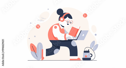 A person in headphones and glasses studies from a book on a laptop