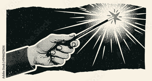 Magician Hand Holding Magic Wand with Sparkling Star Light Vintage Illustration