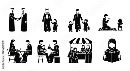 Islamic lifestyle icons depicting family prayer and daily activities