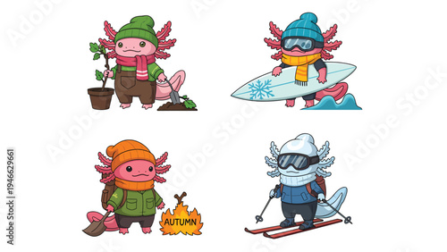 Cute Axolotl Cartoon Set: Seasonal Activities - Gardening, Surfing, Autumn, and Winter Sports
