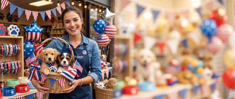 Obraz premium Cheerful female pet shop employee holding a basket with two puppies wearing patriotic bandanas. Independence Day retail store promotion with American flags and balloons. Copy space for text