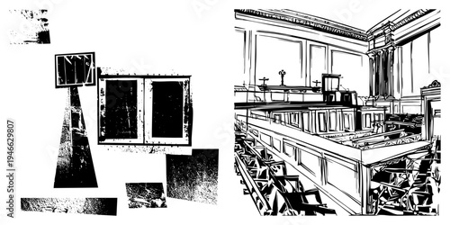 Fragmented architectural elements and courtroom interior rendered in stark black art, geometric shapes, classical columns, bench, legal symbolism, vector style.