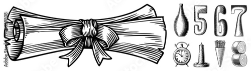 Hand drawn scroll tied with ribbon bow, accompanied by vintage bottle, numbers 5 7, alarm clock, candlestick, toothpicks, rolls. engraved style.