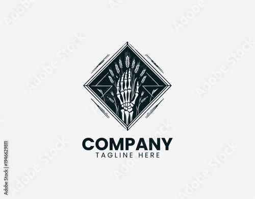 The skeleton hand holding plants logo features a diamond frame for a dark aesthetic