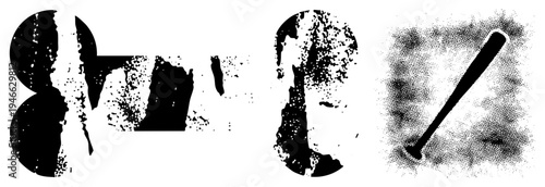 Vector baseball bat and glove rendered in halftone and distressed black shapes, sport equipment, graphic design elements, athletic, stylized sports gear.