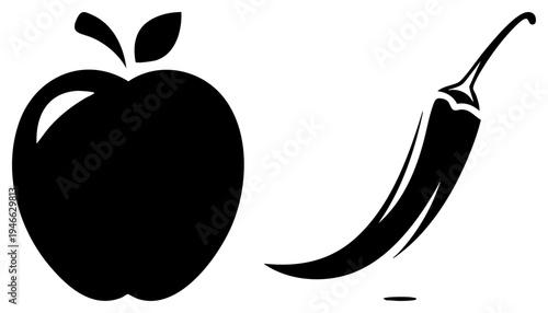 fruit silhouette with leaves, chili pepper with stem, minimalist food, vector graphic, health and spice symbols.