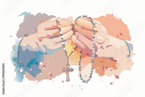 Hands gently holding christian prayer beads with a crucifix pendant