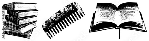 Stacked antique books, vintage comb with worn texture, open book with halftone text, classic study tools, academic symbols, art.
