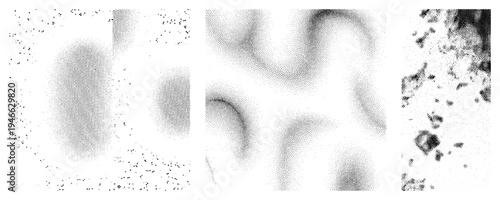 Vector halftone gradients, stippled textures, abstract shapes, graphic, digital art, print design, typographic effect.