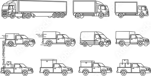 Set of Delivery Truck and Cargo Van Line Art Illustrations, Logistics Vehicle Icons for Transport Shipping and Express Distribution Service Graphics