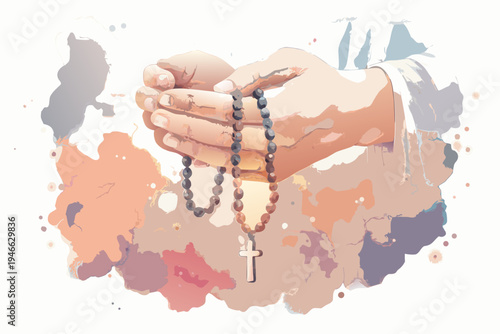 Praying hands holding rosary beads with a visible christian cross