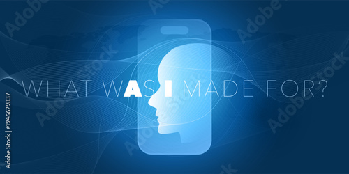Minimlaist Blue Machine Learning, Artificial Intelligence Design, AI Acronym on Robot Face. "What Was I Made For" - Food for Thought Concept on Purpose, Use and Existence of AI