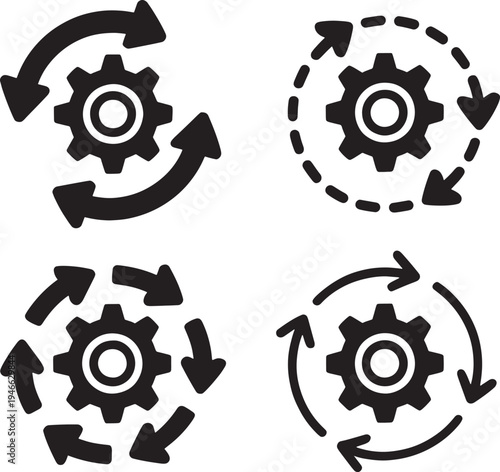 Four black gear with arrows indicating rotation movement isolated