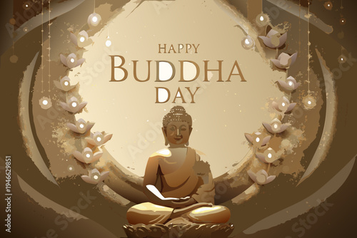 A serene buddha portrait with floral decorations for buddha day