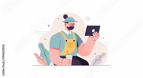 A person in overalls holds a tablet and a cup with plants in the background