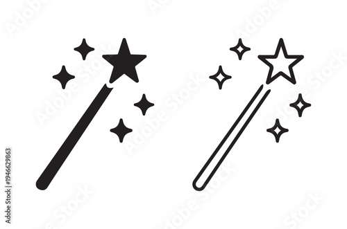 Two magic wands with sparkling stars in simple black and white design