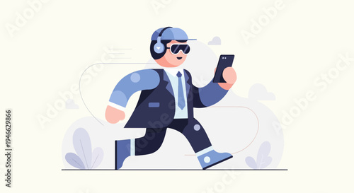 A person in a suit, cap, and sunglasses, running while holding a phone and wearing headphones