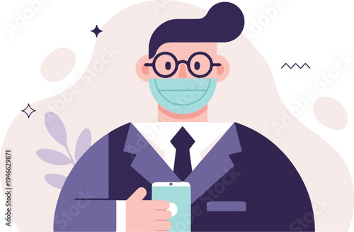 A person in a suit, glasses, and face mask holds a phone, surrounded by abstract shapes