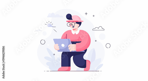 A person in pink and dark blue with a hat and glasses, holding a laptop