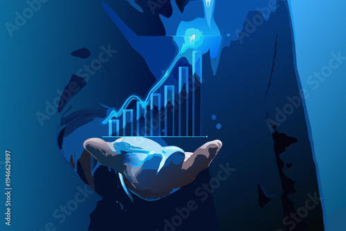 A hand presenting a glowing graph depicting growth and data analysis