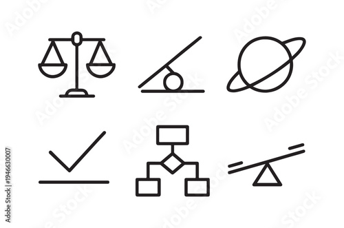 Line art illustrating concepts of balance law and planetary systems