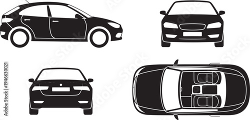 Four car silhouettes vehicle transportation black
