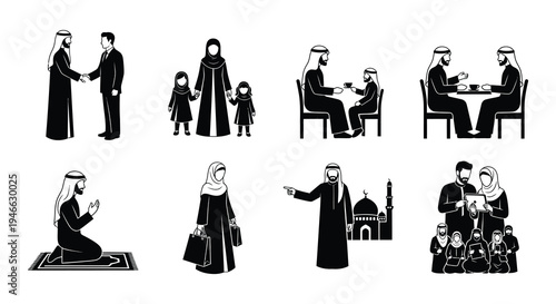 Islamic lifestyle icons depicting family prayer and daily activities