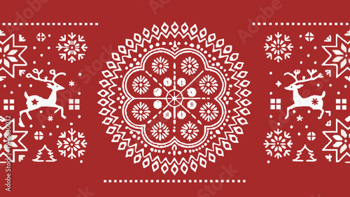 Festive red background with white nordic christmas pattern and reindeer