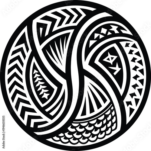 Interlocking tribal curves forming complex circular emblem with diverse geometric textures and traditional polynesian iconography
