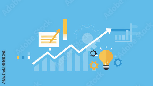 Business growth innovation and strategy illustrated with charts and a lightbulb