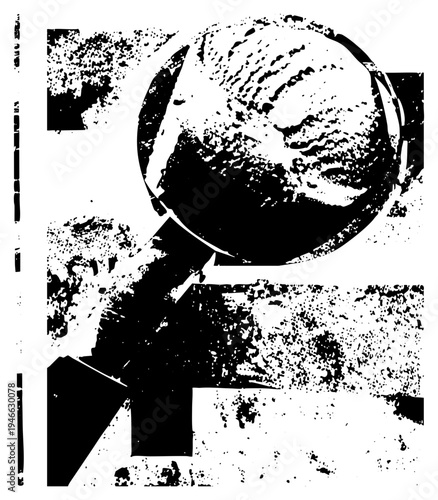 Stylized sphere rendered in halftone, surrounded by angular black shapes, graphic art, design, vector illustration, abstract composition.