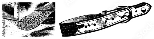 Hanging woven hammock with diamond, rustic outdoor relaxation, paired with engraved leather knife sheath, vintage vector design, halftone texture.